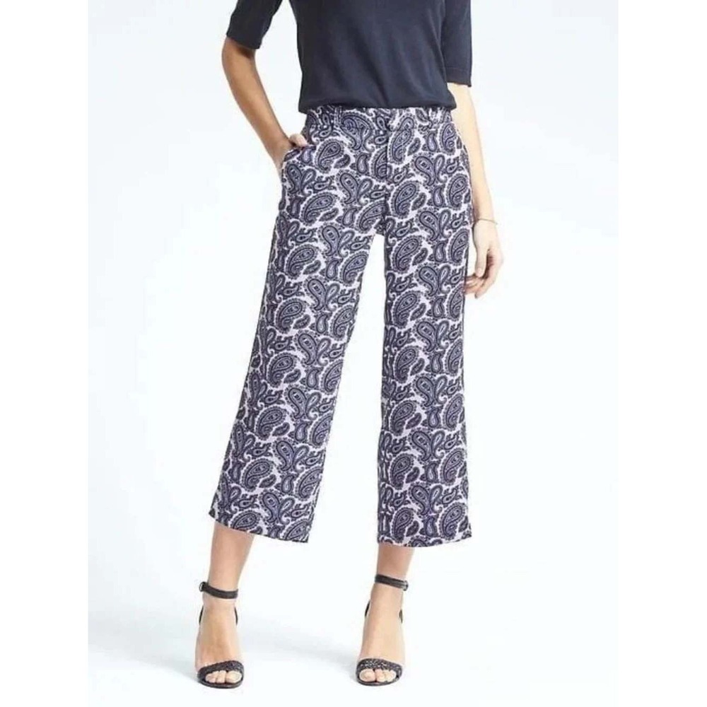 Banana Republic Paisley Wide Leg Crop Pants Navy Blue Boho Trousers Size 2